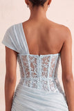 One Shoulder Olive Sheer Corset Ruched Short Cocktail Dress with Lace Up Back