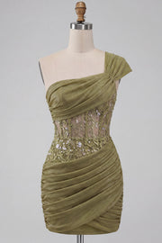One Shoulder Olive Sheer Corset Ruched Short Cocktail Dress with Lace Up Back