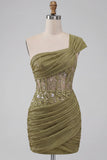 One Shoulder Olive Sheer Corset Ruched Short Cocktail Dress with Lace Up Back