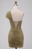 One Shoulder Olive Sheer Corset Ruched Short Cocktail Dress with Lace Up Back
