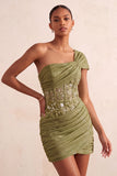 One Shoulder Olive Sheer Corset Ruched Short Cocktail Dress with Lace Up Back