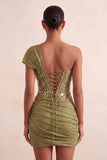 One Shoulder Olive Sheer Corset Ruched Short Cocktail Dress with Lace Up Back