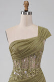 One Shoulder Olive Sheer Corset Ruched Short Cocktail Dress with Lace Up Back