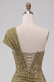 One Shoulder Olive Sheer Corset Ruched Short Cocktail Dress with Lace Up Back