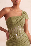 One Shoulder Olive Sheer Corset Ruched Short Cocktail Dress with Lace Up Back
