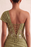 One Shoulder Olive Sheer Corset Ruched Short Cocktail Dress with Lace Up Back