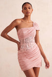 One Shoulder Olive Sheer Corset Ruched Short Cocktail Dress with Lace Up Back