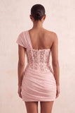 One Shoulder Olive Sheer Corset Ruched Short Cocktail Dress with Lace Up Back
