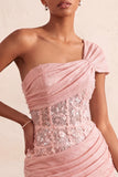 One Shoulder Olive Sheer Corset Ruched Short Cocktail Dress with Lace Up Back