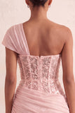 One Shoulder Olive Sheer Corset Ruched Short Cocktail Dress with Lace Up Back