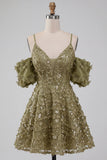 Olive Cold Shoulder Sequins A-Line Short Cocktail Dress with Lace Up Back