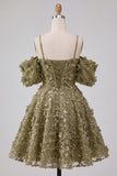 Olive Cold Shoulder Sequins A-Line Short Cocktail Dress with Lace Up Back