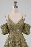 Olive Cold Shoulder Sequins A-Line Short Cocktail Dress with Lace Up Back