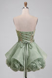 Dusty Sage Strapless A-Line Corset Lace Up Back Sequins Short Homecoming Dress with 3D Flowers