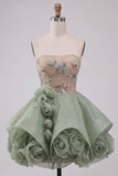 Dusty Sage Strapless A-Line Corset Lace Up Back Sequins Short Homecoming Dress with 3D Flowers