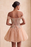 A-Line Pink Off the Shoulder Corset Bubble Hem Homecoming Dress with Lace Up Back