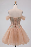 A-Line Pink Off the Shoulder Corset Bubble Hem Homecoming Dress with Lace Up Back