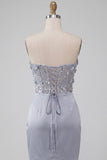 Grey Strapless Floral Sheer Corset Ruched Satin Homecoming Dress with Lace Up Back
