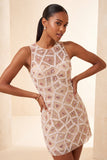 Blush Bodycon Round Neck Short Homecoming Dress with Beading