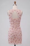Blush Bodycon Round Neck Short Homecoming Dress with Beading
