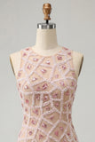 Blush Bodycon Round Neck Short Homecoming Dress with Beading
