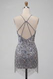 Halter Neck Grey Bodycon Floral Beaded Short Homecoming Dress with Fringes