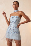 Blue Strapless Bodycon Floral Sequins Short Homecoming Dress with Fringes