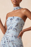Blue Strapless Bodycon Floral Sequins Short Homecoming Dress with Fringes