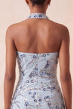 Blue Strapless Bodycon Floral Sequins Short Homecoming Dress with Fringes