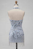 Blue Strapless Bodycon Floral Sequins Short Homecoming Dress with Fringes
