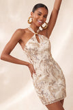 Champagne Halter Neck Bodycon Sequins Backless Short Homecoming Dress