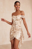 Off the Shoulder Champagne Bodycon Sequins Short Homecoming Dress with Sash