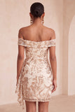 Off the Shoulder Champagne Bodycon Sequins Short Homecoming Dress with Sash
