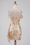 Off the Shoulder Champagne Bodycon Sequins Short Homecoming Dress with Sash