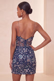 Bodycon Navy Sequins Spaghetti Straps Short Homecoming Dress with Slit