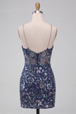 Bodycon Navy Sequins Spaghetti Straps Short Homecoming Dress with Slit