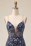 Bodycon Navy Sequins Spaghetti Straps Short Homecoming Dress with Slit