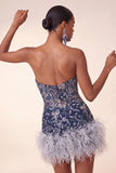 Strapless Navy Bodycon Sequins Short Homecoming Dress with Feathers
