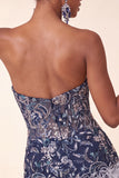 Strapless Navy Bodycon Sequins Short Homecoming Dress with Feathers