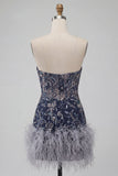 Strapless Navy Bodycon Sequins Short Homecoming Dress with Feathers