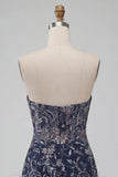 Strapless Navy Bodycon Sequins Short Homecoming Dress with Feathers