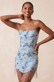 Strapless Blue Sequins Floral Short Homecoming Dress with Fringes