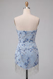 Strapless Blue Sequins Floral Short Homecoming Dress with Fringes