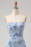 Strapless Blue Sequins Floral Short Homecoming Dress with Fringes