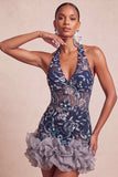 Navy Halter Neck Sequins Bodycon Floral Backless Short Homecoming Dress with Ruffles