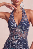 Navy Halter Neck Sequins Bodycon Floral Backless Short Homecoming Dress with Ruffles