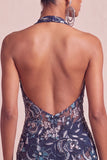 Navy Halter Neck Sequins Bodycon Floral Backless Short Homecoming Dress with Ruffles