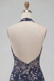 Navy Halter Neck Sequins Bodycon Floral Backless Short Homecoming Dress with Ruffles