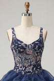 A-Line Navy Sequins Floral Thick Straps Short Homecoming Dress