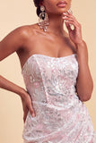 Blush Strapless Bodycon Sequins Ruched Short Homecoming Dress